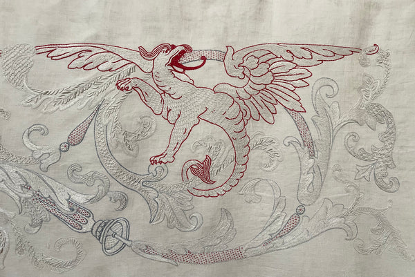 Antique Neo Renaissance White & Red-work Embroidered Pelmet Valance: C1900 Europe