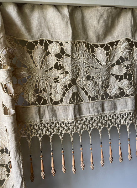 Antique Richelieu Hand Embroidered Pelmet or Café Curtain with Carved Beaded Fringe: C1900 France