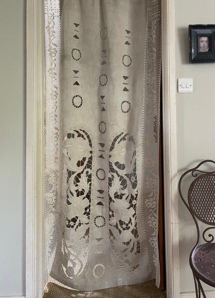 Antique Cutwork Embroidered Richelieu Lace Wallhanging Curtain Panel: C1900 - 1910 France