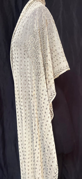 Art Deco Assuit Shawl Hand Embroidered White with Silver Metal Thread: C1920 Egypt
