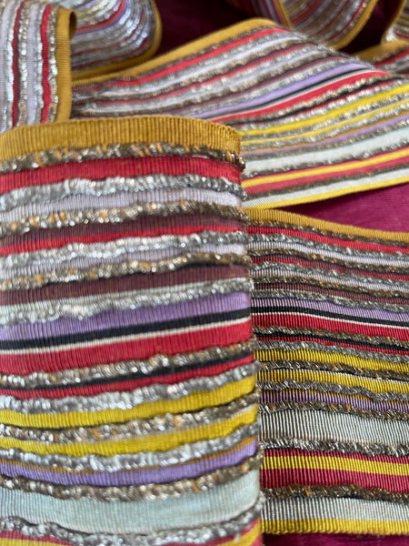 Antique Woven Silk Striped Sash Band with Silver Embroidery: C19th Morocco