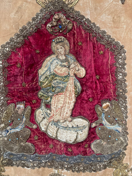 Early Embroidered Silk Velvet Church Hanging With Madonna: C17th Italy