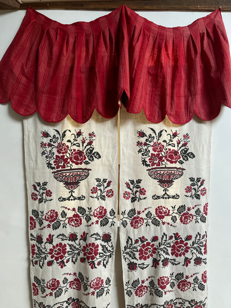 French Pink and Red Striped Ticking Pelmet with Chintz Border: C19th France