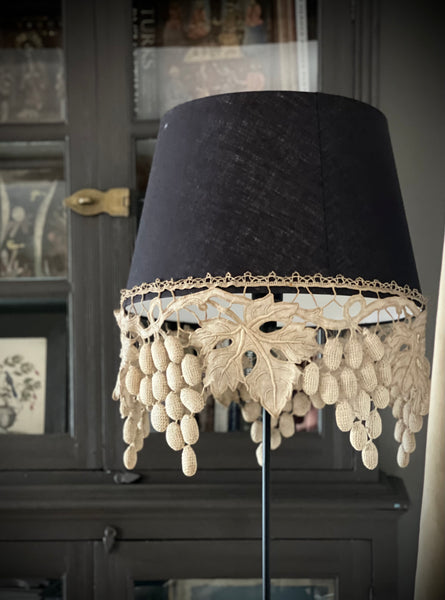 Large Size Lampshade with Antique Richelieu Embroidered Border with Art Deco Stumpwork Grapes: C1920s France