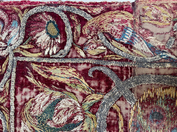 Early Silk and Metal Thread Embroidered Velvet Panel with Peacock and Flowers: C17th Italy or Spain