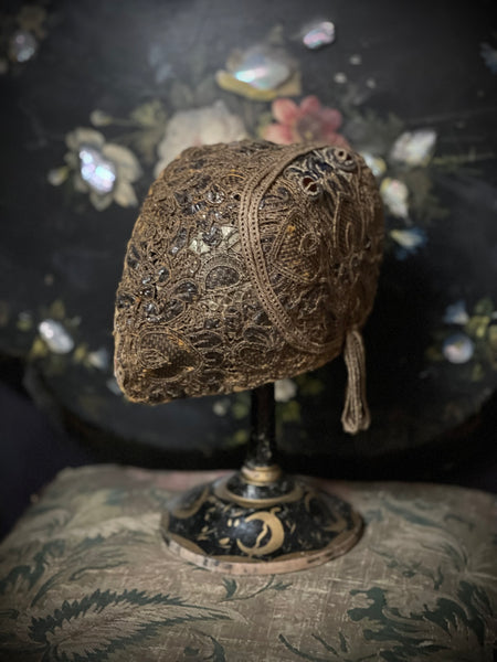 Antique Gilt Thread Embroidered Goldhaube Cap Traditional Costume: C18th Northern Germany