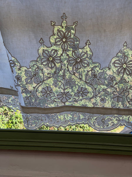 A Pair of Art Nouveau Cutwork and Embroidered Chateau Window Curtain Panels: C1900 France