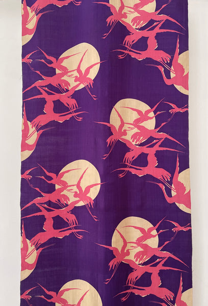 Art Deco era Printed Silk with Cranes Flying across Moon: C1920 Japan