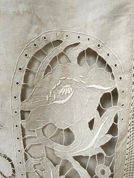 Antique Cutwork Embroidered Richelieu Lace Wallhanging Curtain Panel: C1900 - 1910 France