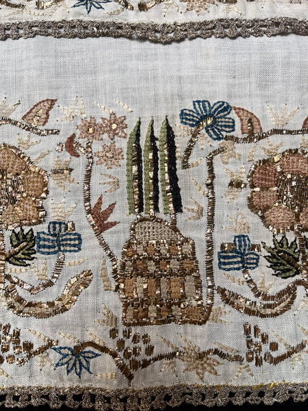 Pair Antique Ottoman Embroideries Silk and Metal Thread With Architectural & Garden Elements: C19th Turkey