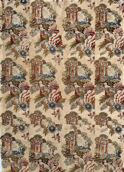 Antique Huguenot Silk Brocade with Architectural Elements and Dogs: C18th Spitalfields, London