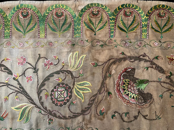Antique Jacobean Silk and Metal Thread Floral Embroidery: C17th Europe