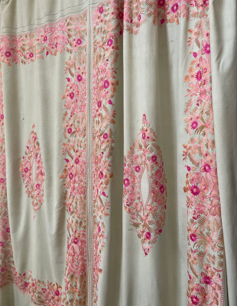 Antique Pinks Floral Silk Embroidered Bedcover or Throw: C20th Kashmir for export