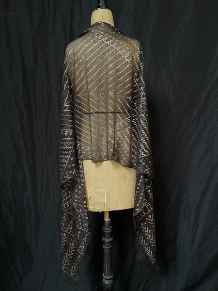 Art Deco Assuit Shawl Hand Embroidered Black with Silver Metal Thread: C1920 Egypt