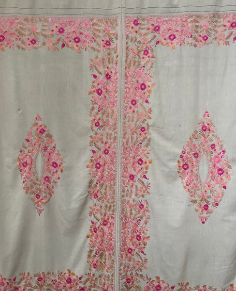 Antique Pinks Floral Silk Embroidered Bedcover or Throw: C20th Kashmir for export