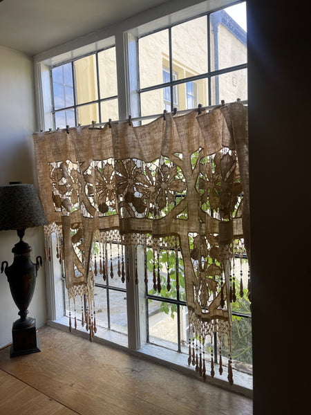 Antique Richelieu Hand Embroidered Pelmet or Café Curtain with Carved Beaded Fringe: C1900 France