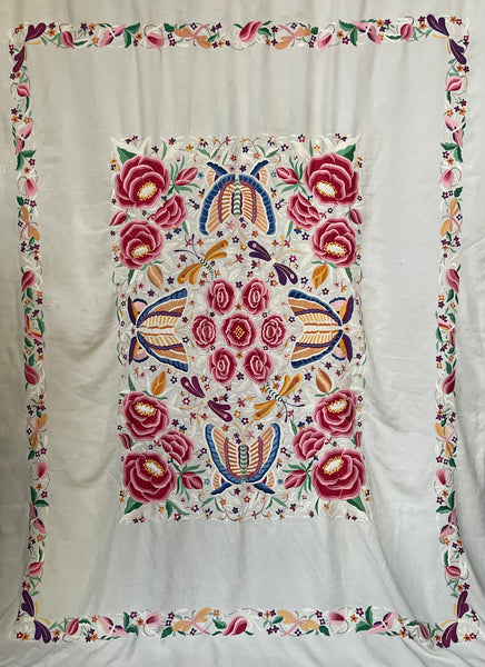 Antique Embroidered Bedcover Throw Curtain with Butterflies Florals Dragonflies: C20th Mexico