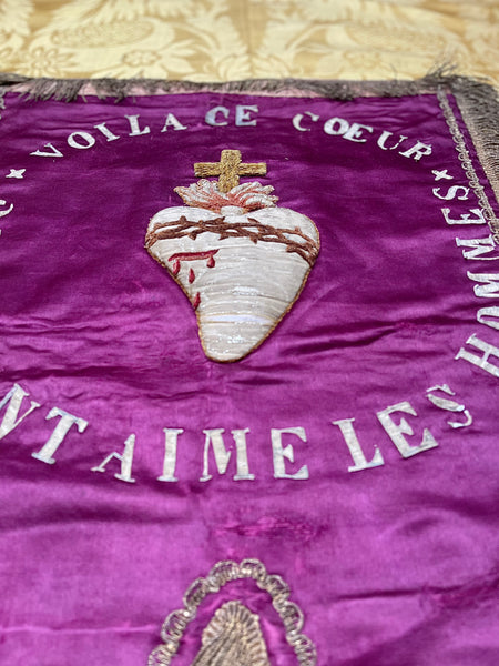 Antique Silk Embroidered Ecclesiastical Wallhanging Banner with Stumpwork Heart: C19th France