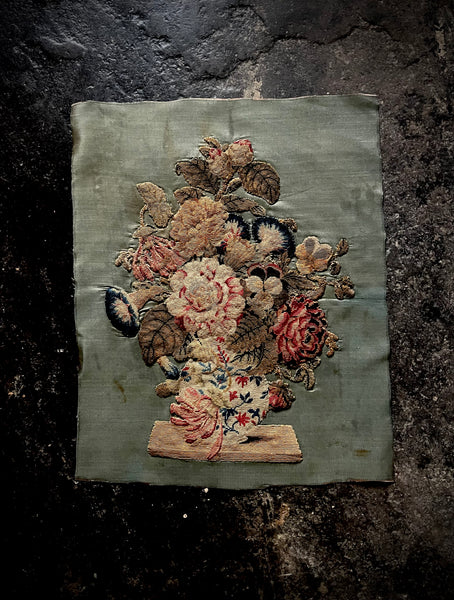 Needlework Tapestry Still Life Vase Garden Flowers: C19th English