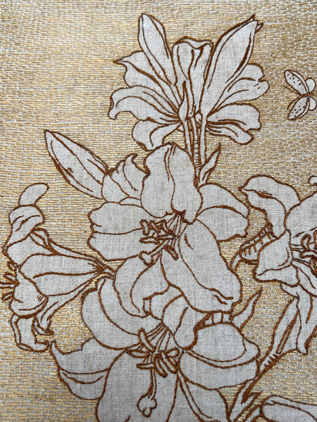 Antique Art Nouveau Silk Embroidery with Cupid & Lily in the manner of Walter Crane: C1900 England