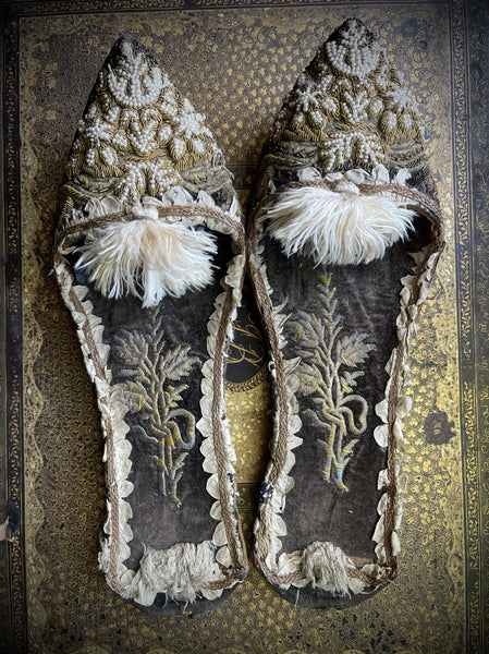 Antique Ottoman Slippers with Gold Gilt Embroidery & Seed Pearls: C19th Turkey