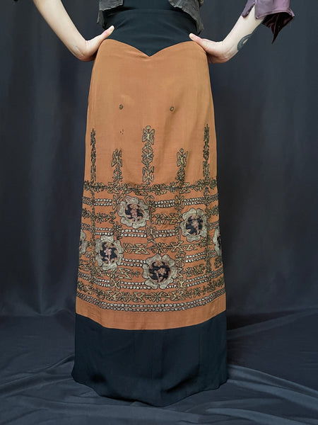 Edwardian Style Walking Skirt with Metal and Silk Thread Embroidery: C1970 made with 1920s embroidered Ottoman silk