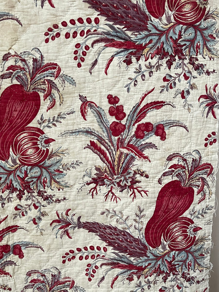 Rare Antique Indiennes Block Print Quilted Panel with Exotic Fruit and Foliage: C18th France
