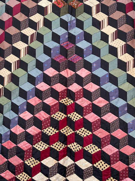 Antique Handmade Tumbling Blocks Silk Patchwork Quilt made with Cravat & Scarf Silks: C1910/20 Britain