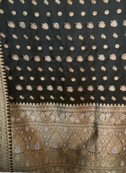 Antique Olive Green & Gold Traditional Silk Brocade Sari: C20th India