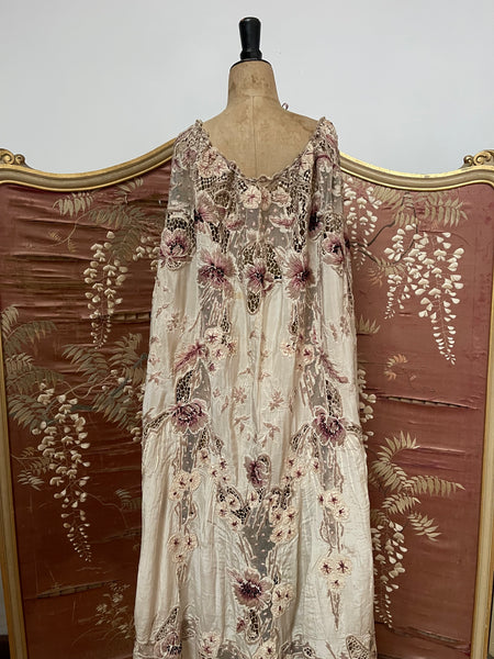 Antique Edwardian Art Nouveau Embroidered and Appliquéd Florals Silk Cape: C1910 France