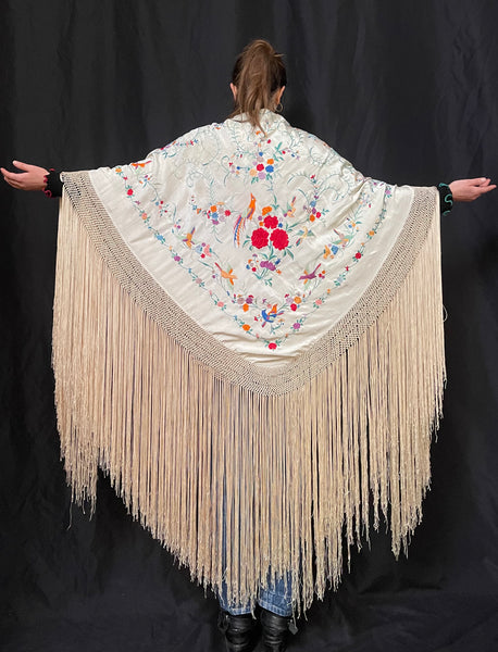 Antique Silk Embroidered Piano Shawl with Birds and Florals: C1920 Canton, China