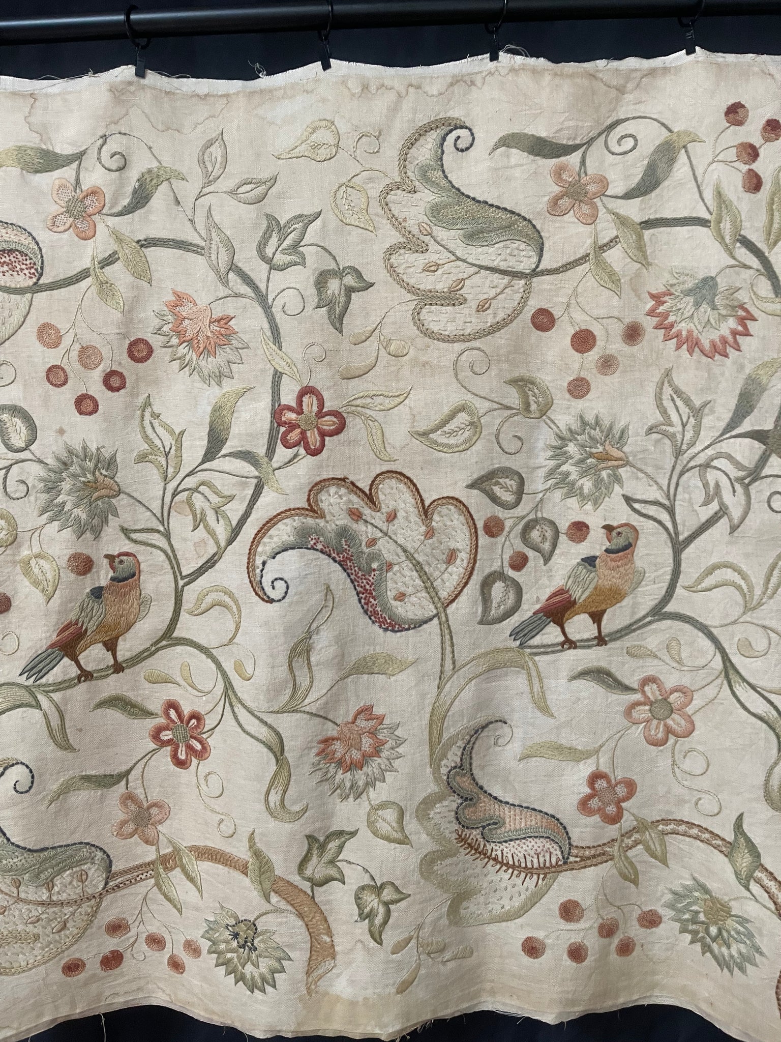 Arts and Crafts Jacobean Revival Embroidery with Flowers and Birds: C1910 Britain