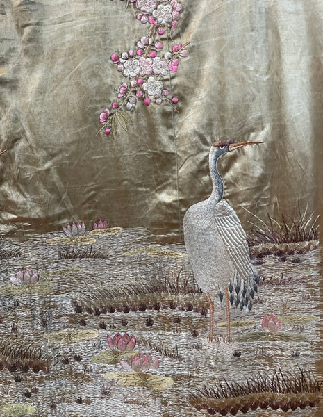 Antique Silk Embroidered Tapestry Wallhanging with Cherry Blossom & Storks: Japanese Meiji Period C19th Century. 223 x 175cm