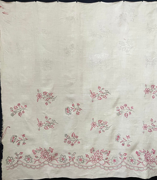 Antique Hand Embroidered Floral Linen Panel with Border Unused Panel 1: C1910 France