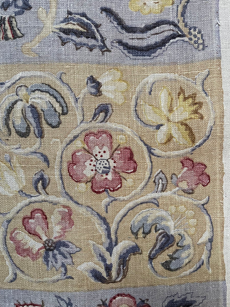 Charming Jacobean Revival Printed Linen Panel with Figures, Animals,  Florals: C1920 England