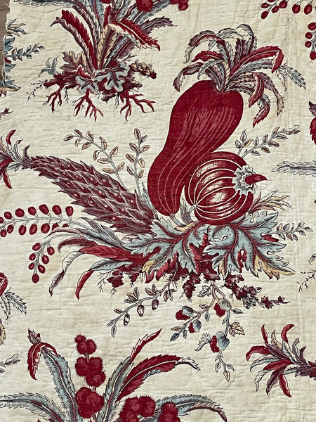 Rare Antique Indiennes Block Print Quilted Panel with Exotic Fruit and Foliage: C18th France
