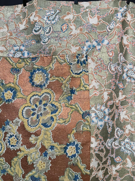 Traditional Block Printed Panel Wrapper Florals with Copper and Gold: C1930s Japan