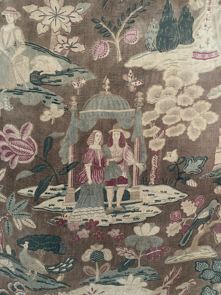 Antique Jacobean Revival Printed Linen Collectable Antique Textiles Design Inspiration Figurative Wallhanging. 83 x 73cm