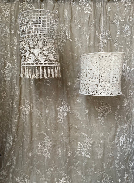 Antique Bespoke Embroidered & Cutwork Linen Ceiling Lampshade: C19th France