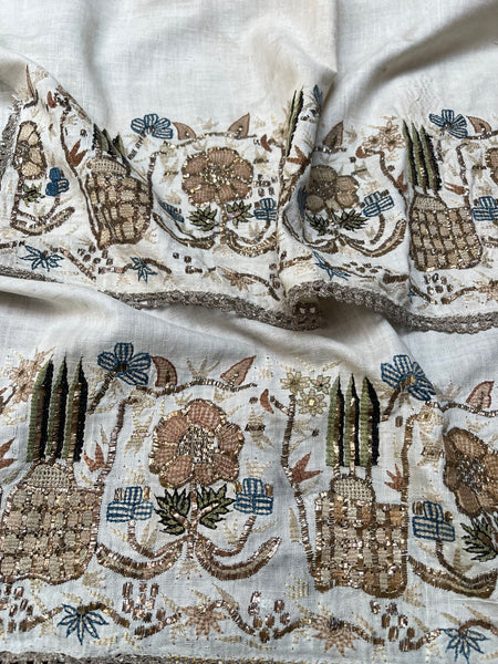 Pair Antique Ottoman Embroideries Silk and Metal Thread With Architectural & Garden Elements: C19th Turkey