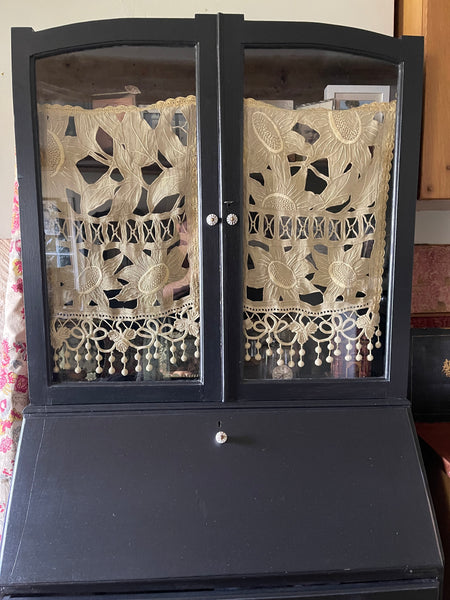 Pair Antique Art Deco French Richelieu Embroidered Linen Cafe Curtains Handmade Sunflower Motif
