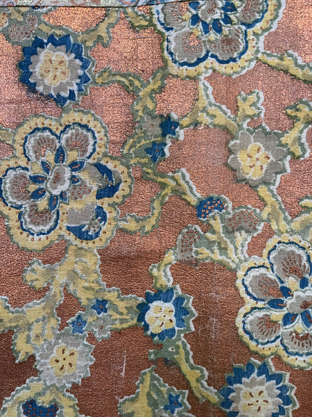 Traditional Block Printed Panel Wrapper Florals with Copper and Gold: C1930s Japan