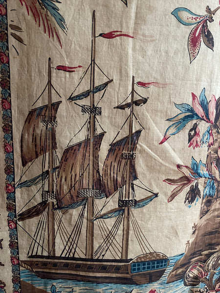 Antique Block Printed Mezzaro Wall Hanging with Tree of Life Ship Figures Giraffe: C1830 Genoa, Italy
