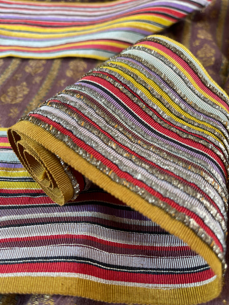 Antique Woven Silk Striped Sash Band with Silver Embroidery: C19th Morocco