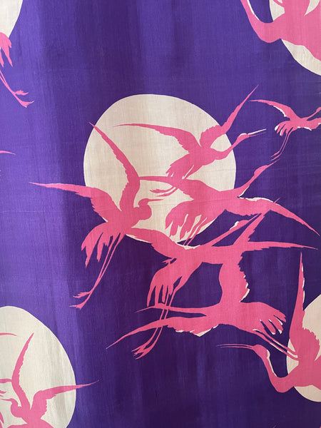 Art Deco era Printed Silk with Cranes Flying across Moon: C1920 Japan