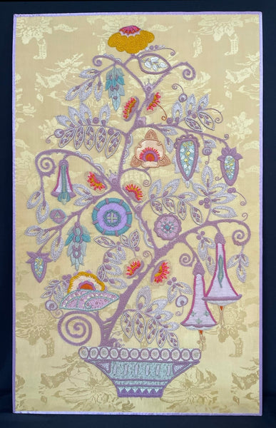 Antique Crewelwork Embroidered Tree of Life in Vase: C1910/20 Vienna, Austria