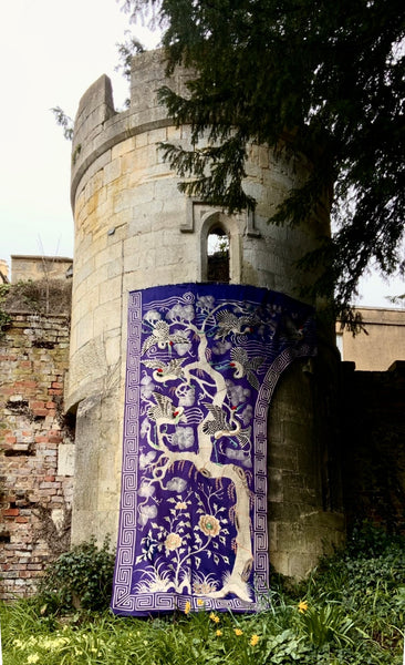 Fine Antique Silk Embroidered Tree of Life Wall Hanging with Cranes: Qing Dynasty, China
