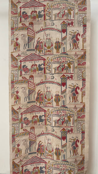 Antique Printed Linen Wallhanging Inspired by Bayeux Tapestry: C1920s Britain