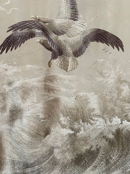 Museum Worthy Silk Embroidered Wallhanging with Waves Auspicious Sea Hawks: C19th Meiji Period, Japan.