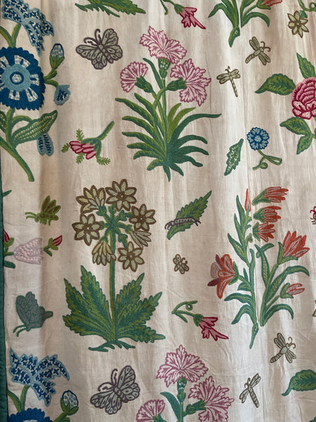 Vintage Jacobean Revival Crewelwork Embroidered Bedcover Quilt: C1970s Kashmir, India for export. 200cm x 220cm